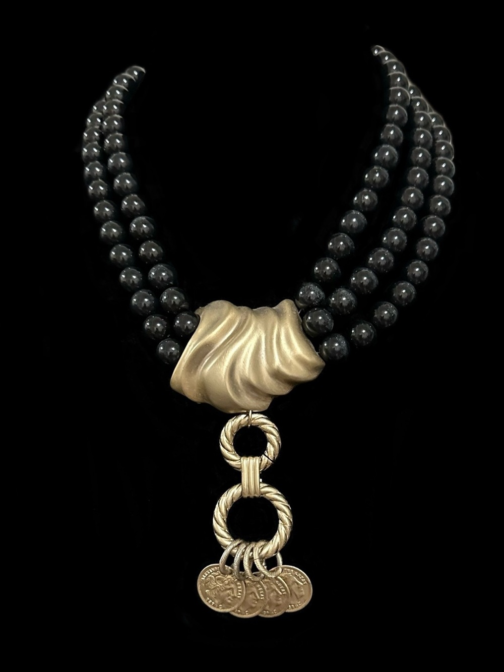 Gold Accent Black Beaded Statement Necklace